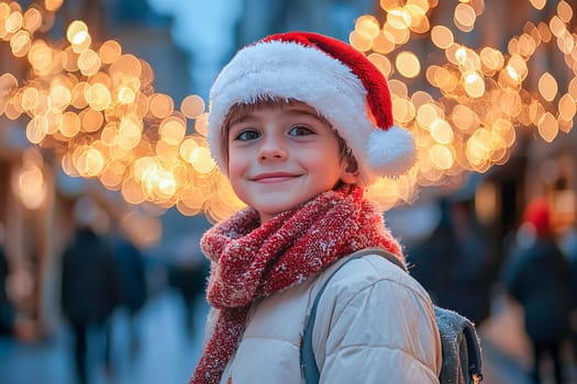 Smiling boy in Santa Claus hat standing against evening street festive illumination.