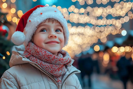Smiling boy in Santa Claus hat standing against evening street festive illumination.