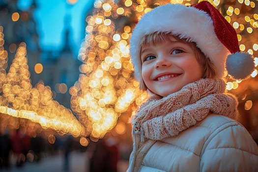 Smiling boy in Santa Claus hat standing against evening street festive illumination.
