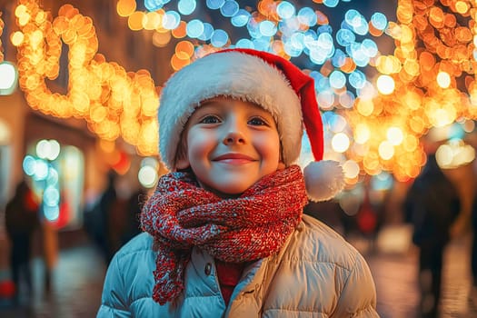 Smiling boy in Santa Claus hat standing against evening street festive illumination.