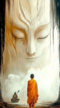 Buddhist monk wearing an orange kasaya walking on a stone surface towards a giant buddha head