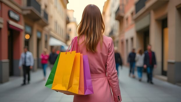 stylish lady with colorful paper bags on shopping, generative ai. High quality photo