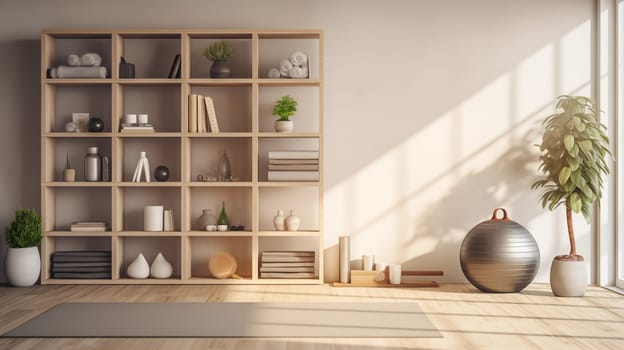 empty yoga exercising room with sport accessories, generative ai. High quality photo