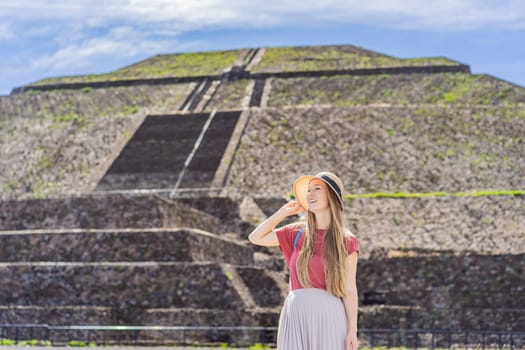 Female tourist exploring Teotihuacan, Mexico. Cultural heritage, ancient ruins, and archaeological adventure concept.