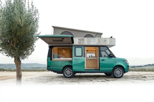 Luxury camper van parked in the countryside with its side door and roof tent open. The van is surrounded by olive trees