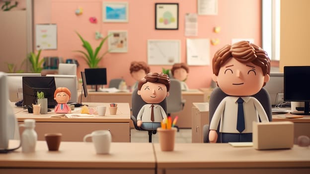 A happy male employee is sitting at his desk in a busy modern office space. He is wearing a shirt and tie and has a happy expression on his face. There are other employees working in the background.