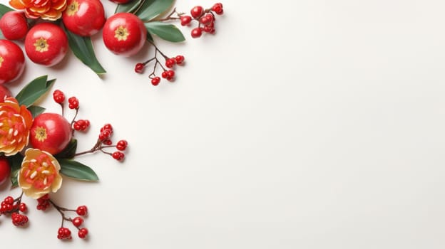 A beautiful still life image of red apples and orange flowers arranged on a white background. Perfect for use as a background image for websites, blogs, or social media posts.