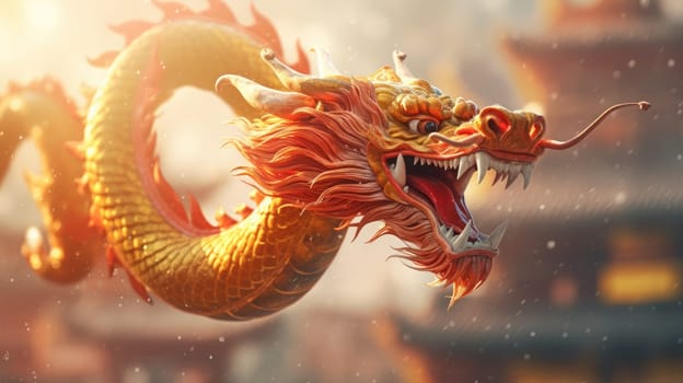A vibrant red and gold Chinese dragon displays its fierce teeth on a white background, surrounded by mist and featuring a distant Chinese temple, showcasing mythical beauty.