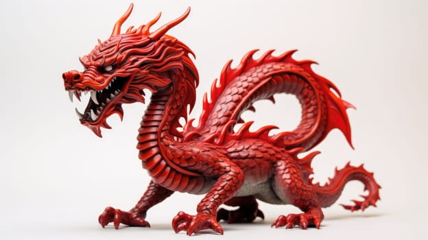 A detailed and realistic red dragon figurine with an open mouth and sharp teeth, isolated on a white background. 3D rendering with a high level of detail and texture.