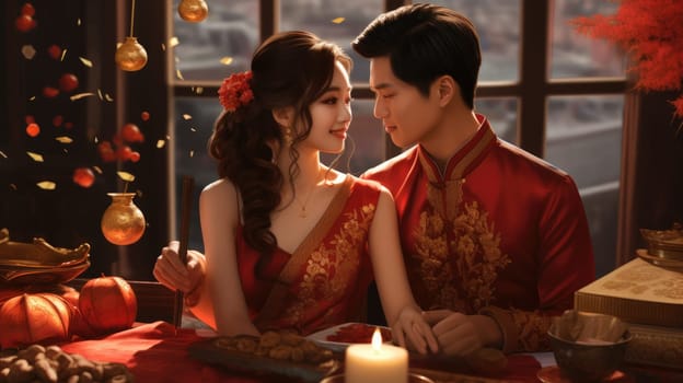 A young Asian couple in traditional Chinese wedding attire. The brides red and gold embroidered dress complements the grooms matching robe, set against a festive red backdrop.