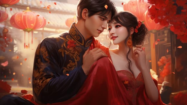 A lovely Asian couple in traditional wedding attire share a romantic moment at their ceremony, surrounded by red lanterns and vibrant flowers, embodying love and celebration.