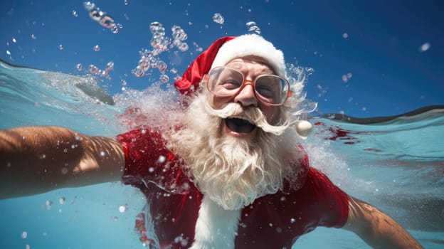 Santa Claus swim and relax in blue transparent pool water. Merry Christmas and Happy New Year travel destinations concept