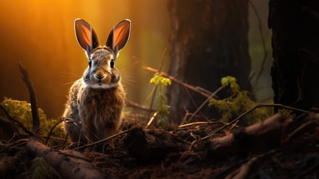 A brown rabbit sits on the forest floor, ears perked and eyes wide, surrounded by branches and twigs. Its light brown fur, white belly, and short fluffy tail are visible.