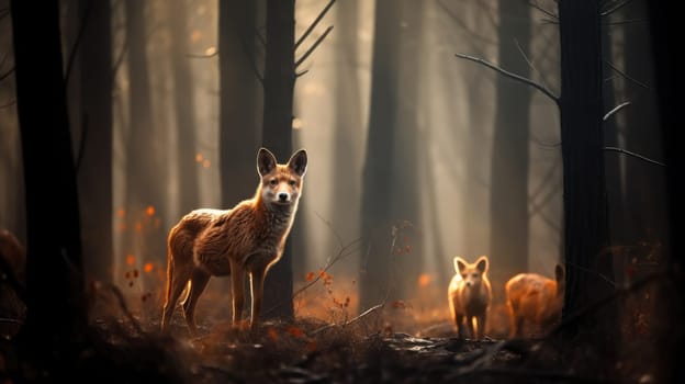 A pair of red foxes stands in a lush forest, surrounded by greenery and tall trees. Sunlight filters through the leaves, creating a warm, tranquil atmosphere ideal for wildlife photography.