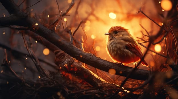 A small bird is perched on a branch, facing the camera with its head turned left. Its warm brown feathers contrast against a soft orange, blurry background of lights, evoking peace.