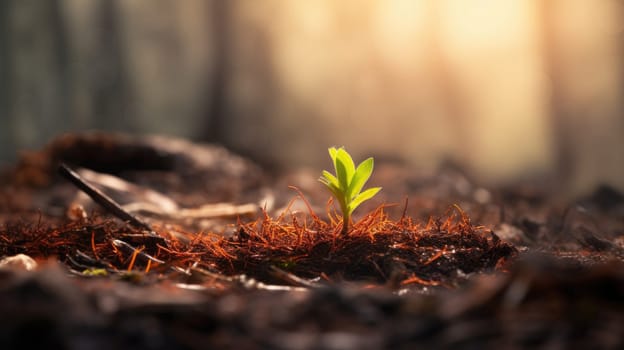 A small green sprout emerges from rich brown soil in a serene forest. Surrounded by dry leaves and twigs, the sprouts vibrant green contrasts beautifully with the earthy tones around it.
