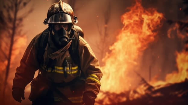 A dedicated firefighter in full protective gear courageously fights a raging forest fire. The scene captures the intensity as flames and smoke rise, threatening the lush trees and wildlife nearby.