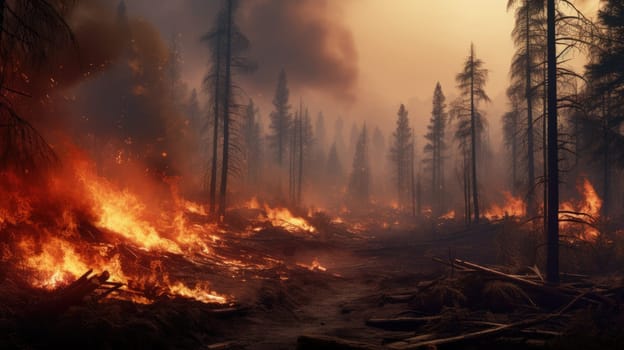 A wildfire burns through a forest, destroying trees and wildlife. The fire creates a dangerous and smoky environment. Firefighters are working to contain the fire and prevent it from spreading.