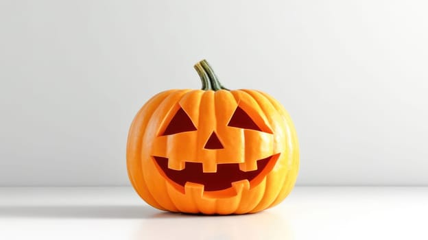 Single Halloween Pumpkin Isolated on White Background with Carved Smiling Face and Teeth.