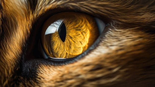 Stunning Close-up of a Beautiful Yellow Cat Eye Surrounded by Luxurious Black brown tabby Fur Details.