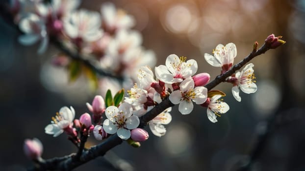 Close-up Macro Shot of a Single Almond Tree Branch in Full Bloom with Delicate Blossoms.