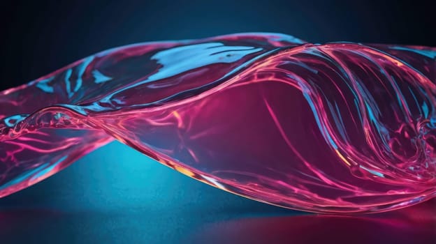 Close-Up of Rippling Pink and Blue Liquid on Dark Blue Background with Glossy Appearance.
