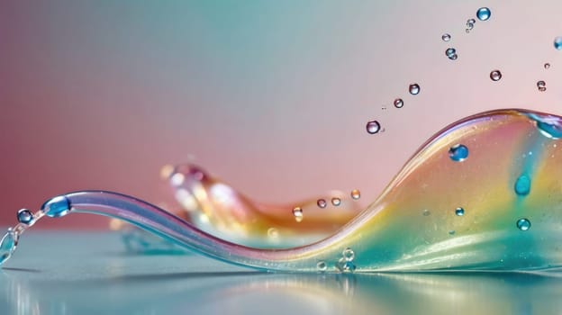 Elegant Iridescent Rainbow Fluid Splash with Droplets on Pastel Background.