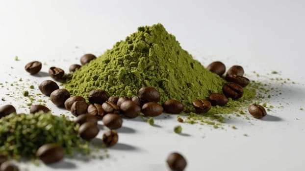 A vibrant pile of green matcha powder beside rich coffee beans on a clean white background.
