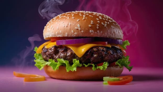 Juicy Beef Burger Topped with Fresh Vegetables, Melted Cheese, and a Soft Bun.