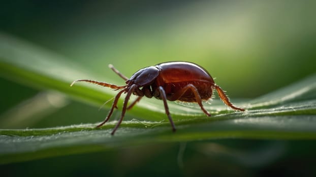 Close-Up Image of a Brown Beetle Resting on a Textured Green Leaf with a Soft Green Background.