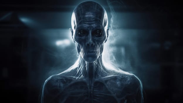 Ethereal being with eyes glowing in the darkness. 3D rendering of an alien humanoid creature..