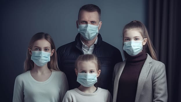 Family of four wearing medical masks during coronavirus pandemic looking scared at the camera