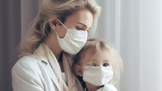 Tender Motherhood, Woman in White Holding Child Close, Both Wearing Masks.