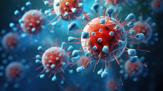 Detailed 3D illustration of a red virus or bacteria with spikes on a dark blue background..