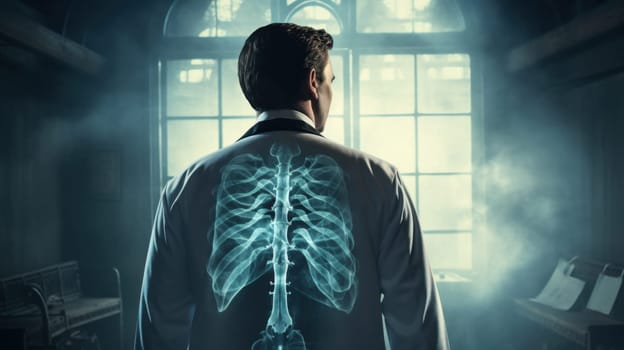 Doctor Analyzing Patients Lung X-ray in a Dimly Lit Medical Room
