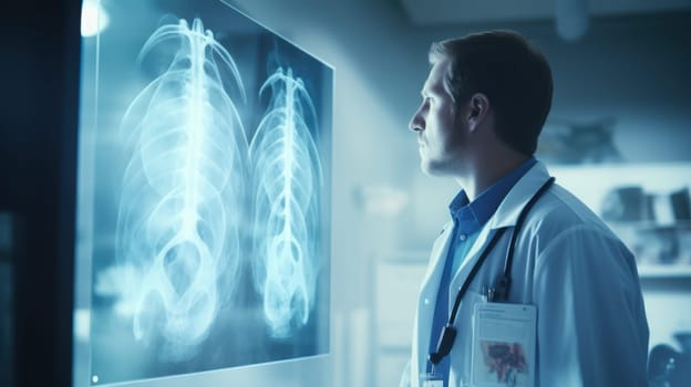 Thoughtful male doctor intently examining x-ray images in a modern healthcare clinic setting..