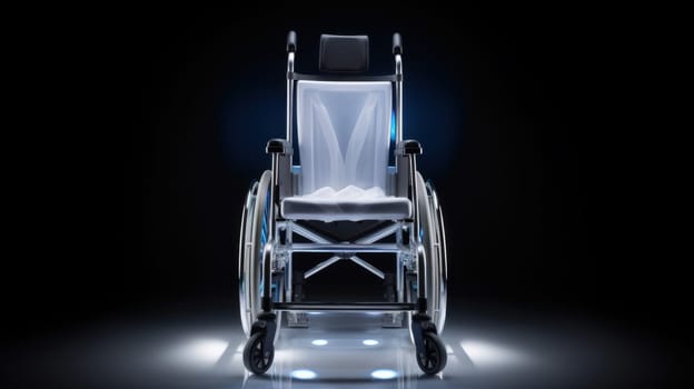 Modern Silver Wheelchair Isolated on a Black Background with Glowing Chrome Details