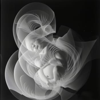 Black and white abstract photo of a curled up baby inside a transparent womb-like structure..
