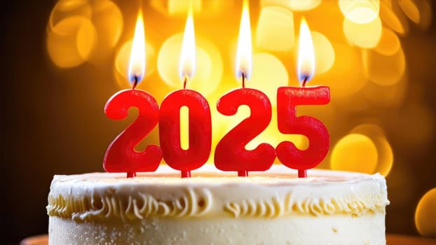 Red candles on a white frosted cake with a blurred background of yellow lights for the year 2025