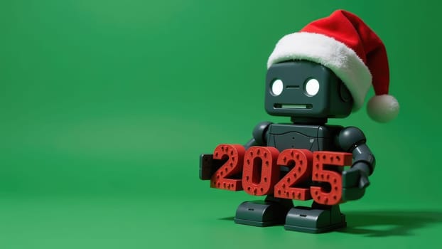 Red Ai Robot Wearing Santa Hat Holding 2025 Sign Isolated on Green Background. Christmas, New Year celebration.
