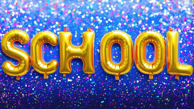 Gold Foil Balloons Spelling School Surrounded by Colorful Confetti Elements for Education Themes.