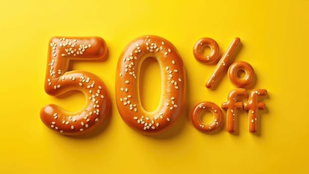 Assorted bakery products arranged as 50 off sale on yellow background.