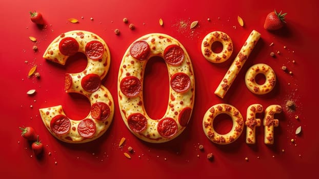 Delicious Pepperoni Pizza on a Red Background with Thirty Percent Off Discount Promotion.
