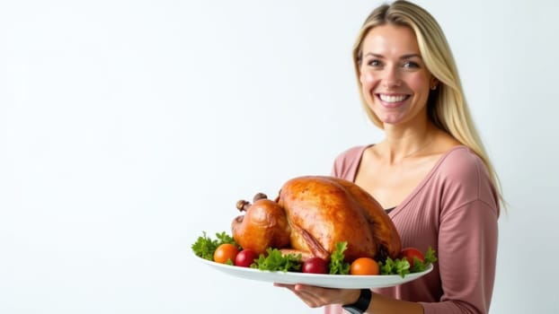 Attractive Young Woman Holding Roasted Turkey and Vegetables on white background.