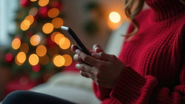 Young Woman in a Cozy Red Sweater Enjoys Christmas Shopping on Her Smartphone by the Tree.