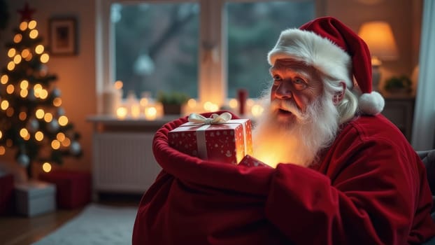 Santa Claus holding bag full of gifts with a bright Christmas tree in the background