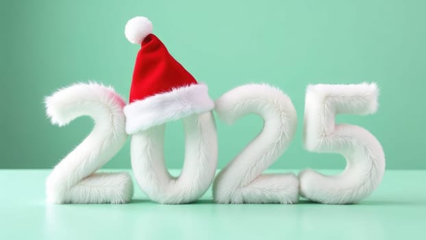 Soft and furry white 2025 New year with a red Santa hat on a pastel green background