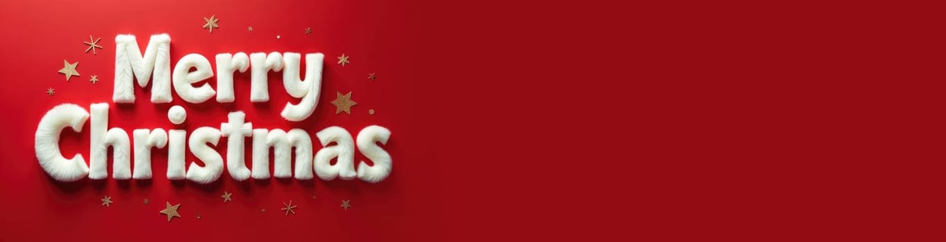White fluffy 3D Merry Christmas text isolated on red background with golden snowflakes with space for text