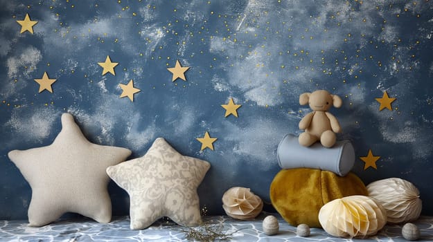 A playful setting features soft star-shaped cushions and a teddy bear sitting on colorful cushions against a whimsical blue wall adorned with stars, creating a cozy atmosphere - Generative AI