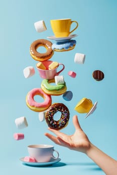 Hand reaches up to catch a chocolate donut with sprinkles as coffee cups, colorful donuts, and marshmallows fall through the air against a vibrant blue background